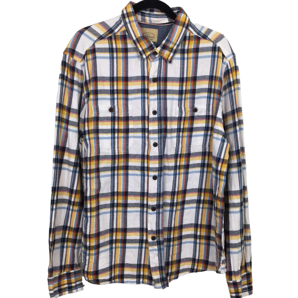 Roebuck & Co White Yellow Plaid Collared Cotton Button Down Flannel Shirt XL